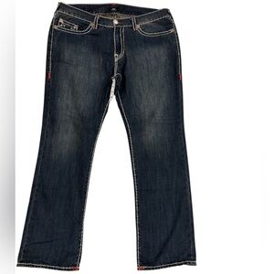 ***SOLD***True Religion Ricky Dark Blue Jeans, White Stitching and Red Accents